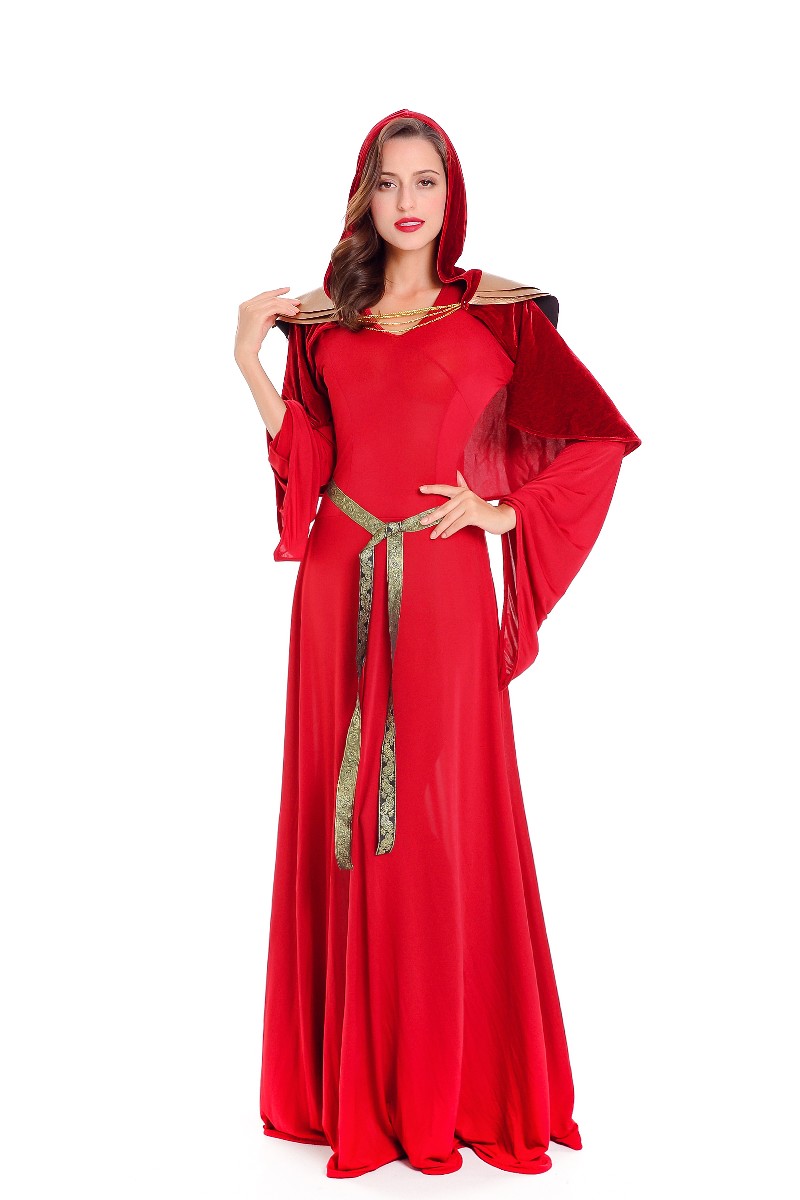 F1802 Womens Halloween Costumes Priestess The Red Woman Copslay Dresses Cloak